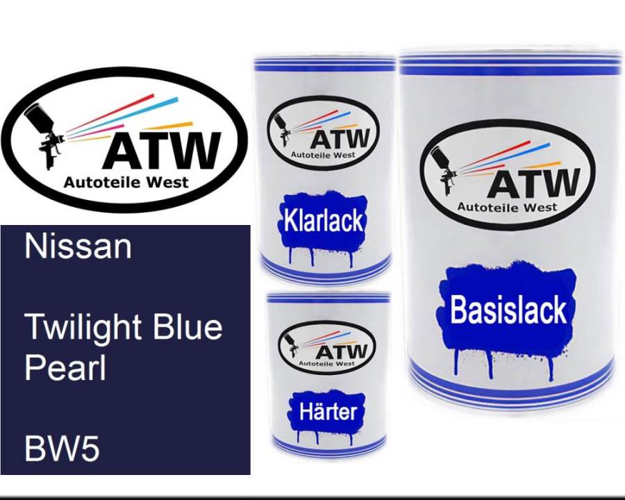 Nissan, Twilight Blue Pearl, BW5: 500ml Lackdose + 500ml Klarlack + 250ml Härter - Set, von ATW Autoteile West.